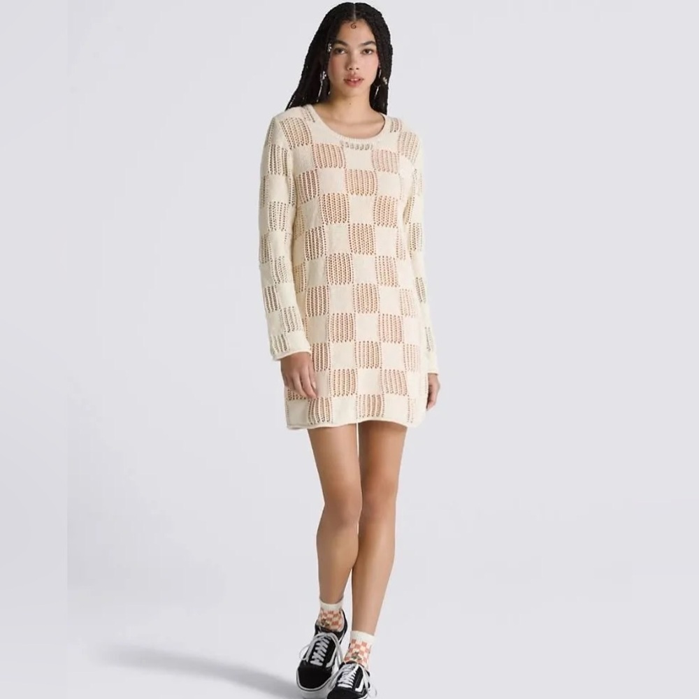 Vans Lily Sweater Dress Womens XLarge Beige Knit Checkerboard Long Sleeve Mini